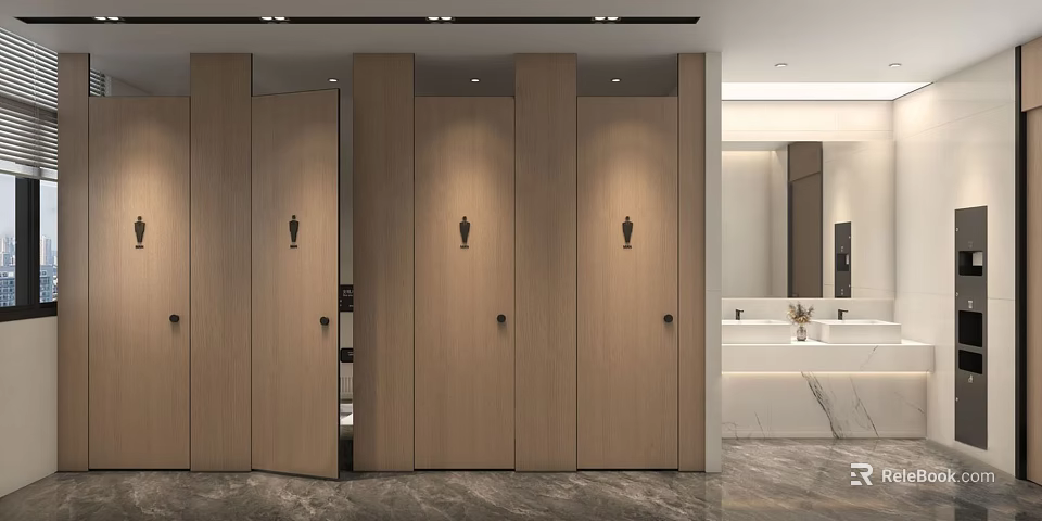 Modern Public Restroom Interior With Wooden Stalls Sink Area And Mirror 3d model 