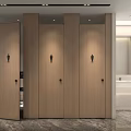 Modern Public Restroom Interior With Wooden Stalls Sink Area And Mirror