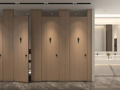 Modern Public Restroom Interior With Wooden Stalls Sink Area And Mirror 3d model