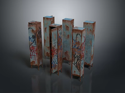 Rusted Metal Pillars With Colorful Graffiti Art And Weathered Texture Design 3d model