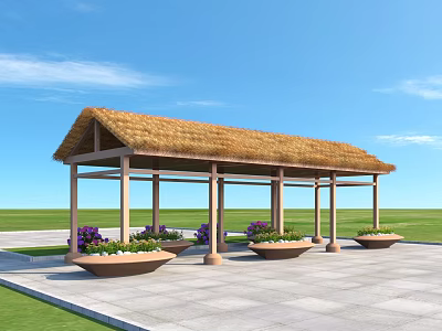 Pergola With Thatched Roof Wooden Structure And Purple Flower Pots On Stone Pavement 3d model