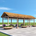 Pergola With Thatched Roof Wooden Structure And Purple Flower Pots On Stone Pavement
