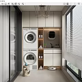 Home Balcony Laundry Space With Stacked Washer Dryer Storage Cabinets Window Blinds And Small Plants