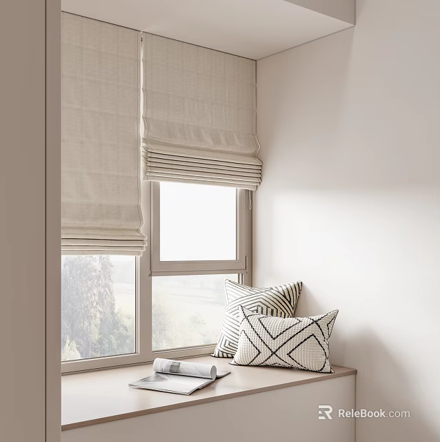 Beige Linen Roman Shades For Window With Geometric Pillows And Magazine 3d model 