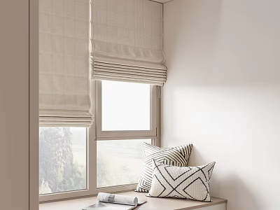 Beige Linen Roman Shades For Window With Geometric Pillows And Magazine 3d model