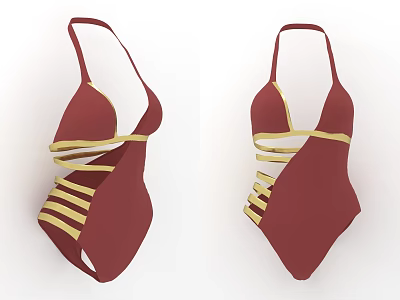 Burgundy One Piece Swimsuit With Golden Crisscross Straps And Stylish Design 3d model