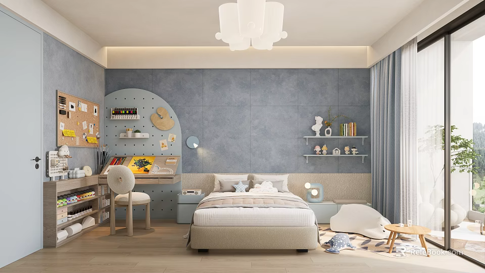 Cozy Bedroom Desk Interior With Gray Walls Bed Chair Shelves Table Lamp And Wooden Floor 3d model 