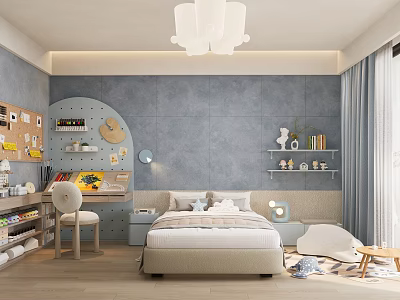 Cozy Bedroom Desk Interior With Gray Walls Bed Chair Shelves Table Lamp And Wooden Floor 3d model