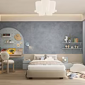 Cozy Bedroom Desk Interior With Gray Walls Bed Chair Shelves Table Lamp And Wooden Floor