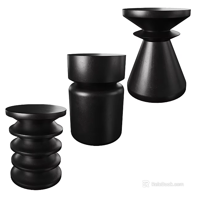 Minimalist Black Side Tables With Three Unique Stacked Cylindrical And Conical Designs 3d model