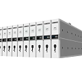 Row of Neatly Arranged White Metal Bookcases With Handles And Labels