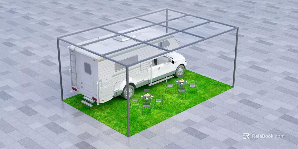 White RV Under Transparent Canopy With Green Lawn And Outdoor Tables Chairs 3d model 