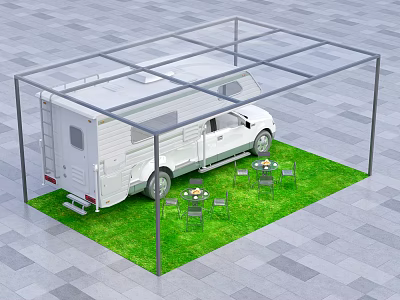 White RV Under Transparent Canopy With Green Lawn And Outdoor Tables Chairs 3d model