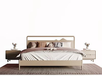 Modern Kids Bed With Wooden Frame Nightstands Pillows And Soft Rug 3d model