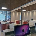 Modern Property Sales Office Interior With Red White Sofas Round Tables And Wooden Ceiling