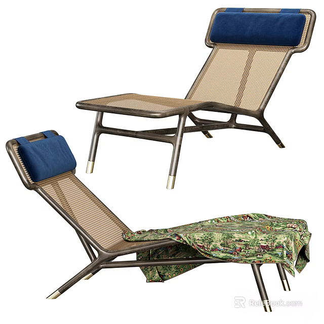 Modern Mesh Lounge Chairs With Blue Cushions Metal Frames And Patterned Blanket 3d model 