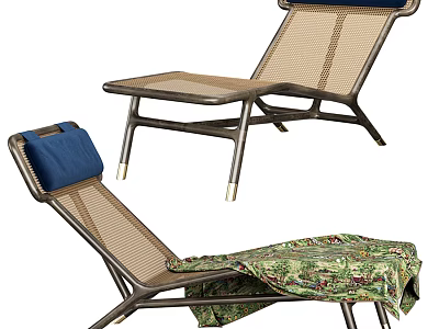 Modern Mesh Lounge Chairs With Blue Cushions Metal Frames And Patterned Blanket 3d model
