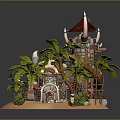 Cartoon Tropical Island Scene With Green Palm Trees Sandy Beach And Red Flag Building