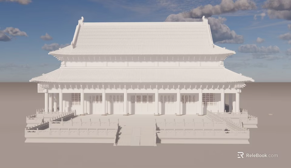 Ancient Architecture With Traditional Roof Design White Walls Stone Steps And Wooden Pillars 3d model 