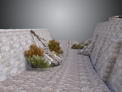 Stone Walls Lined Cobblestone Path With Green Bushes And Tree Roots 3d model