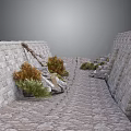 Stone Walls Lined Cobblestone Path With Green Bushes And Tree Roots