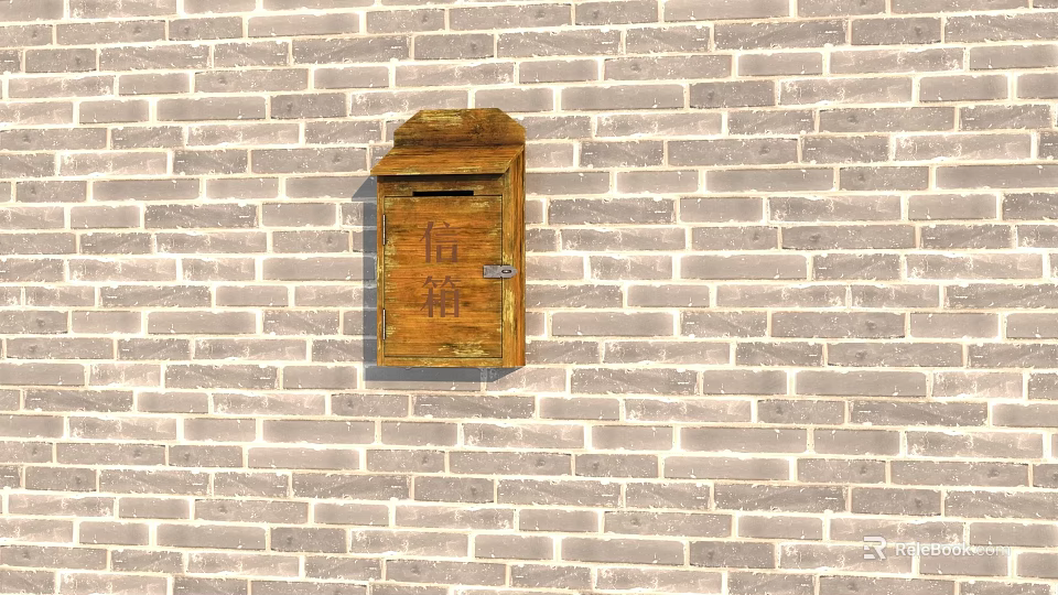 Traditional Wooden Mailbox Installed On Exterior Brick Wall With Chinese Inscriptions 3d model 