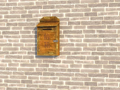 Traditional Wooden Mailbox Installed On Exterior Brick Wall With Chinese Inscriptions 3d model