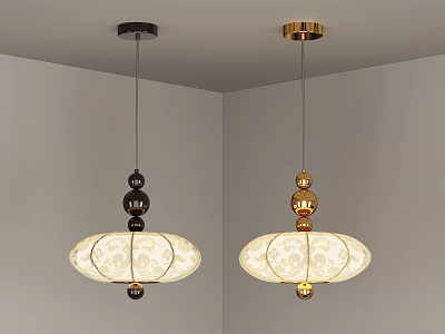 Modern Black and Gold Pendant Lights with Patterned Lampshades Metal Frame Indoor Decoration 3d model