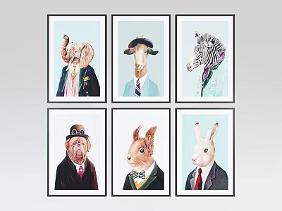 Six Animal Art Prints With Suits Hats And Ties For Home Decor 3d model