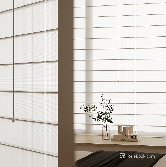 White Venetian Blinds in Bright Room with Natural Light Green Plant and Books on Table 3d model 