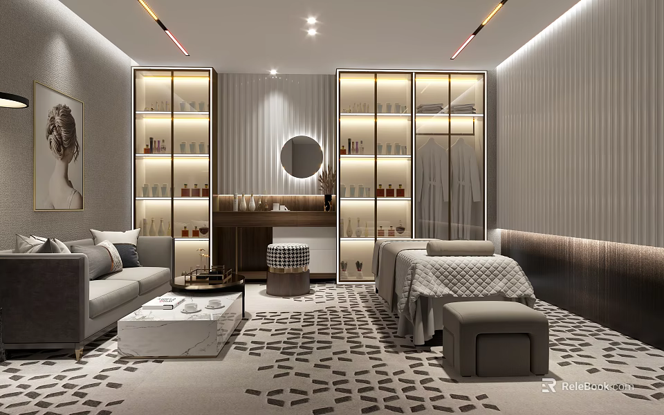Elegant Modern Walk-in Closet Interior With Dressing Table Mirror And Patterned Floor 3d model 