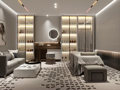 Elegant Modern Walk-in Closet Interior With Dressing Table Mirror And Patterned Floor 3d model