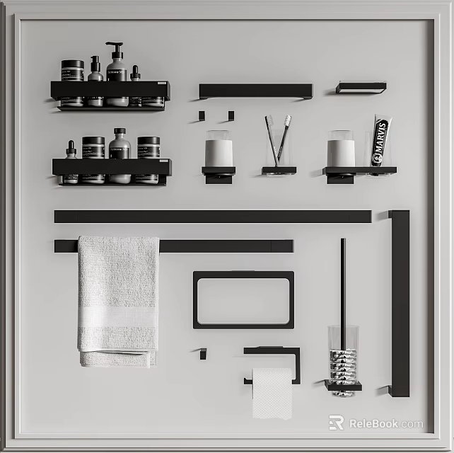 Modern Bathroom Accessories with Black Shelves Towel Racks Towel Toothbrush Holder Tumbler And Bottles 3d model 