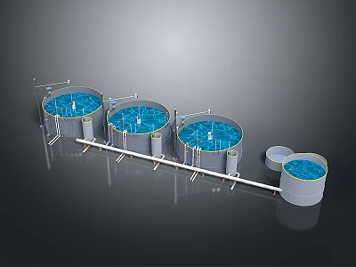 Industrial Circular Storage Tanks With Blue Liquid And Connected Pipes System 3d model