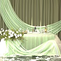 Charming Tea Break Area With Green Curtains Arched White Gauze Drapes And White Green Flowers