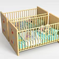 Wooden Baby Crib Interior With Colorful Bedding Mattress And Pillows