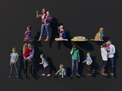 Group Of People With Families Children And Pets In Various Interactive Poses 3d model