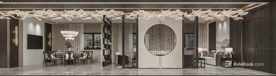 Modern Chinese Living and Dining Room with Circular Lattice Screen and Flowing Chandelier Design 3d model 