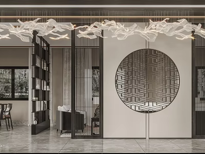 Modern Chinese Living and Dining Room with Circular Lattice Screen and Flowing Chandelier Design 3d model