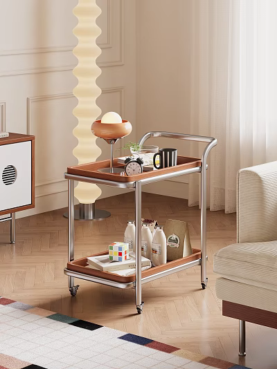 Modern Rolling Side Table with Wood Metal Frame Two Tier Tray Top for Living Room Decor 3d model