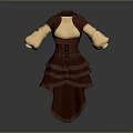 Maroon And Cream Corset Style Dress With Puffed Sleeves And Layered Ruffled Skirt