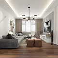 Modern Living and Dining Area Interior With Brass Chandelier TV Wall White Armchair And Coffee Table