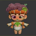 Adorable Cartoon Creature with Purple Bun Hair Orange Headpiece Green Leaves and Lemon Slice