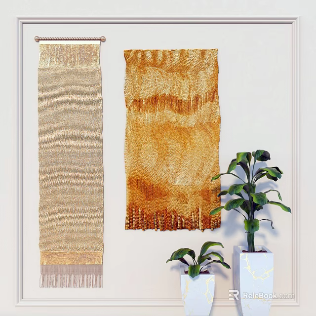 Golden Brown Woven Wall Hangings with Fringed Design and Green Plants 3d model 