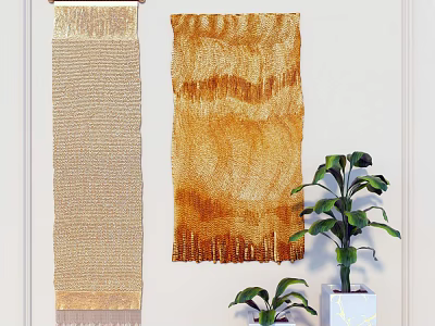 Golden Brown Woven Wall Hangings with Fringed Design and Green Plants 3d model