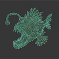 Detailed 3D Anglerfish Model with Metallic Texture Open Mouth Long Lure Prominent Eyes Spiky Structures