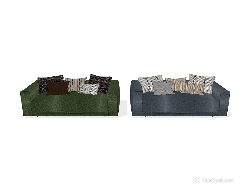 Green and Gray Sectional Sofas with Decorative Cushions in Modern Style 3d model