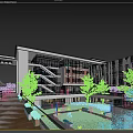 Modern Multi Story School Building With Glass Curtain Walls Courtyard Greenery And People Walking