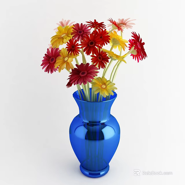 Blue Ceramic Vase Holding Colorful Daisies In Red Yellow Pink Hues 3d model 