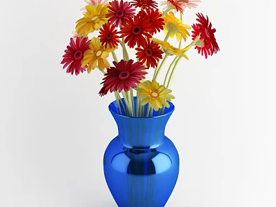 Blue Ceramic Vase Holding Colorful Daisies In Red Yellow Pink Hues 3d model